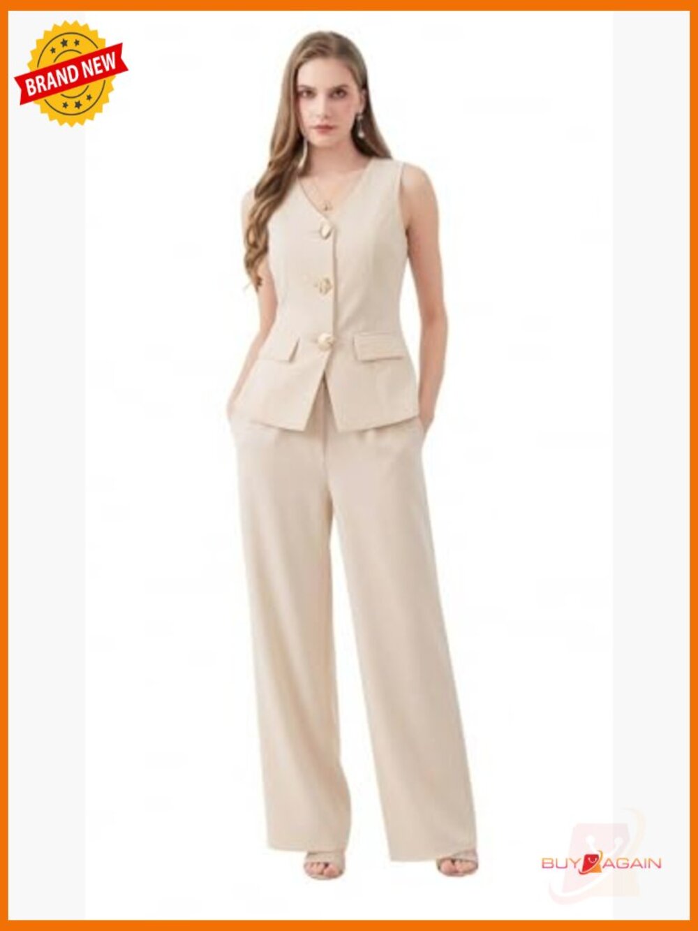 Sleeveless Blazer Vest & Wide Leg Pantsuit Set - 2 Piece Business Outfit - Picture 2 of 7